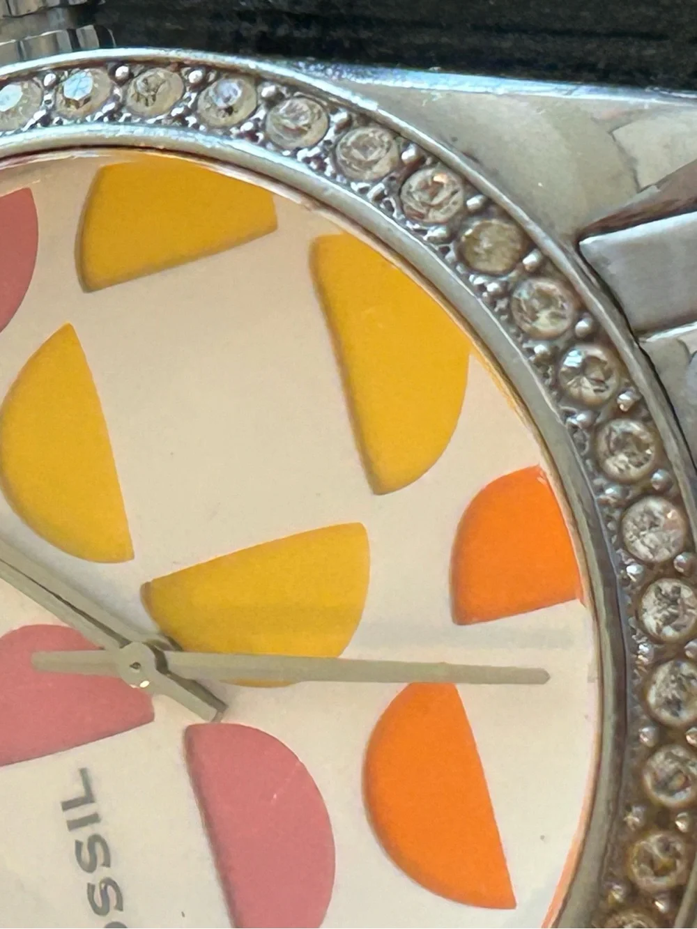 Fossil Silver Bracelet Watch with Pink, Orange and Yellow Accents
